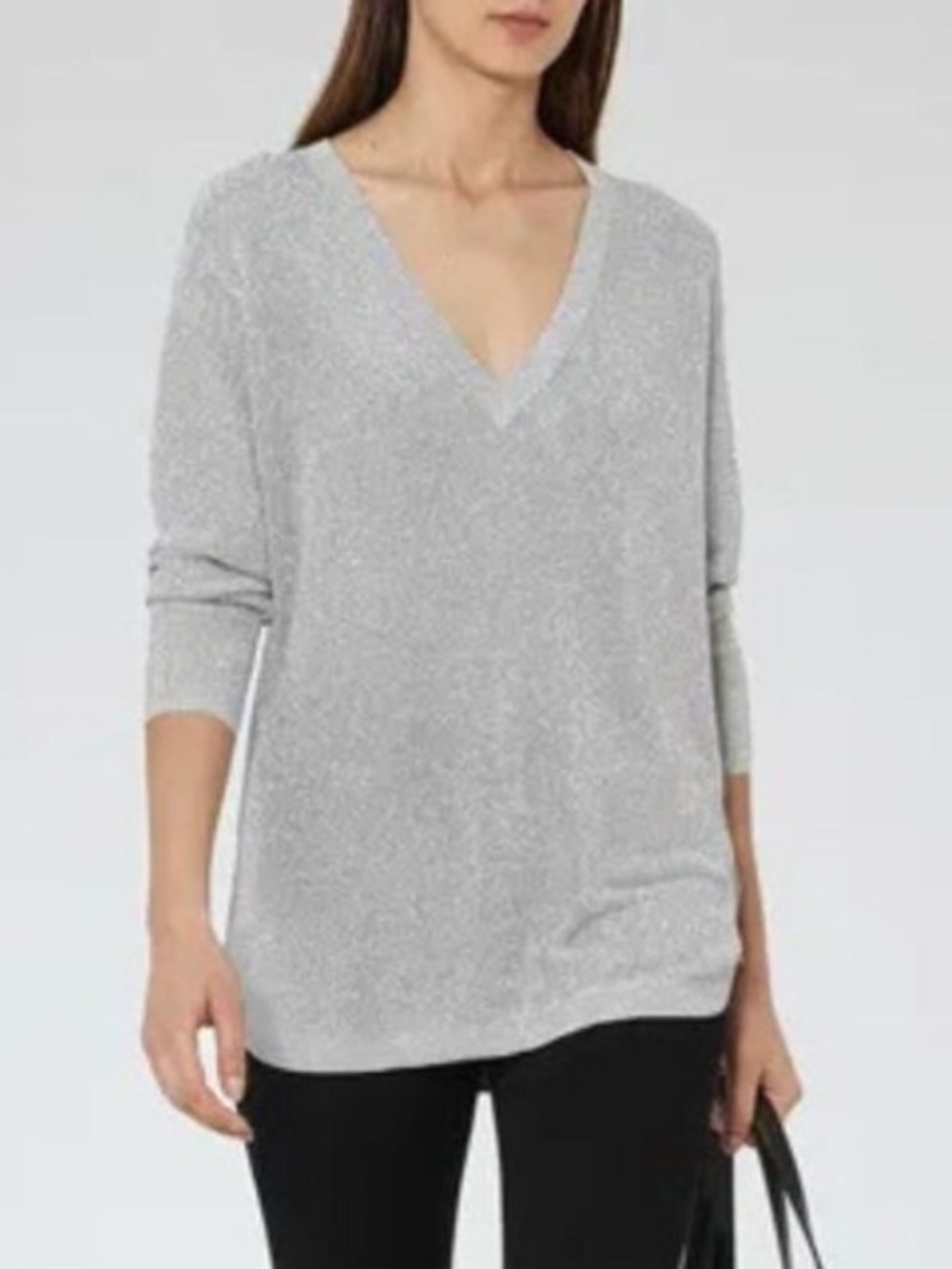 REISS Gray Silver Bless Metallic V-Neck Pullover Jumper sweater XS 57202